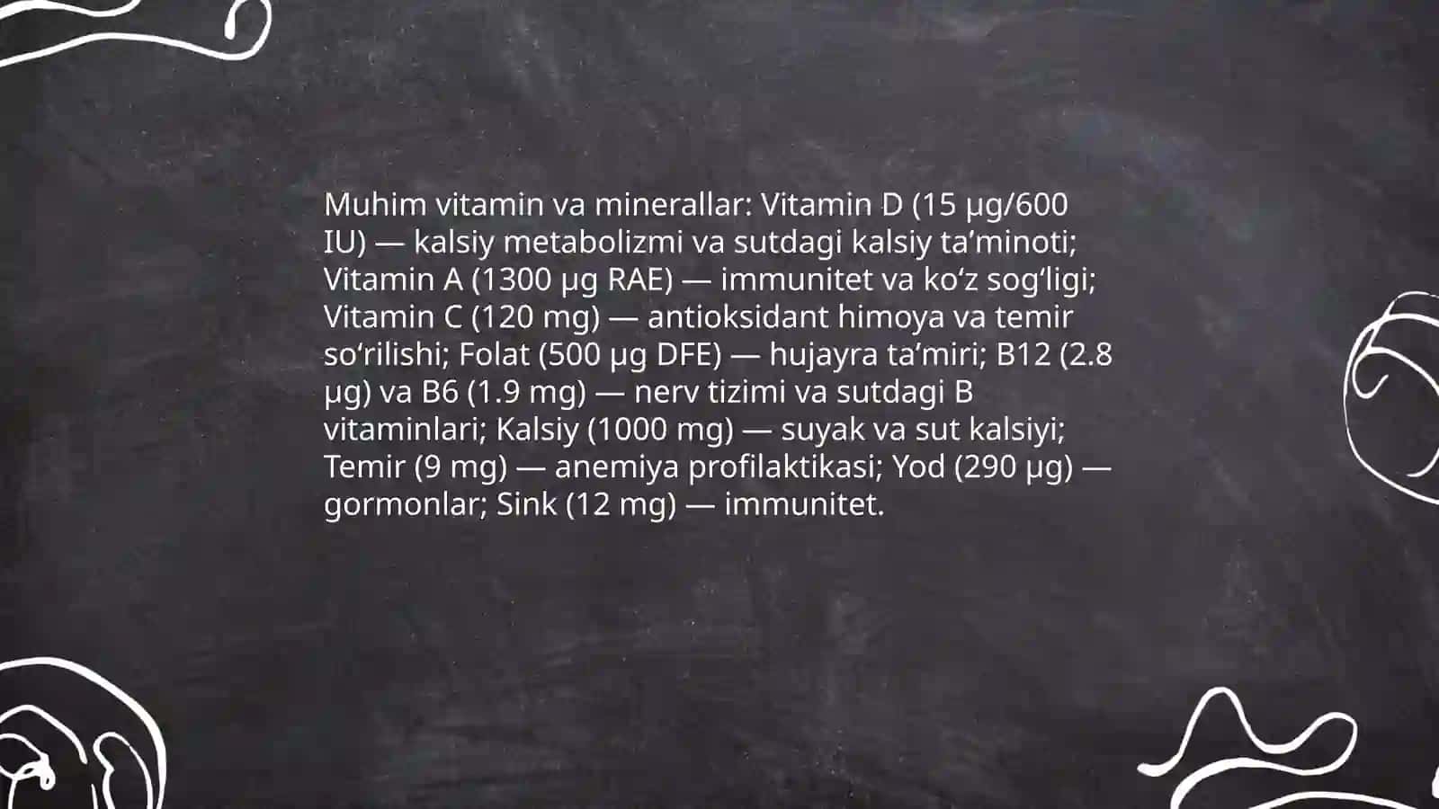 Emizikli onalarni ovqatlantirish tartibi qoʻshimcha ovqat kiritish kech kiritish asoratlari 6 oydan 2 yoshgacha bolalarga berish mumkin boʻlmagan mahsulotlar 4