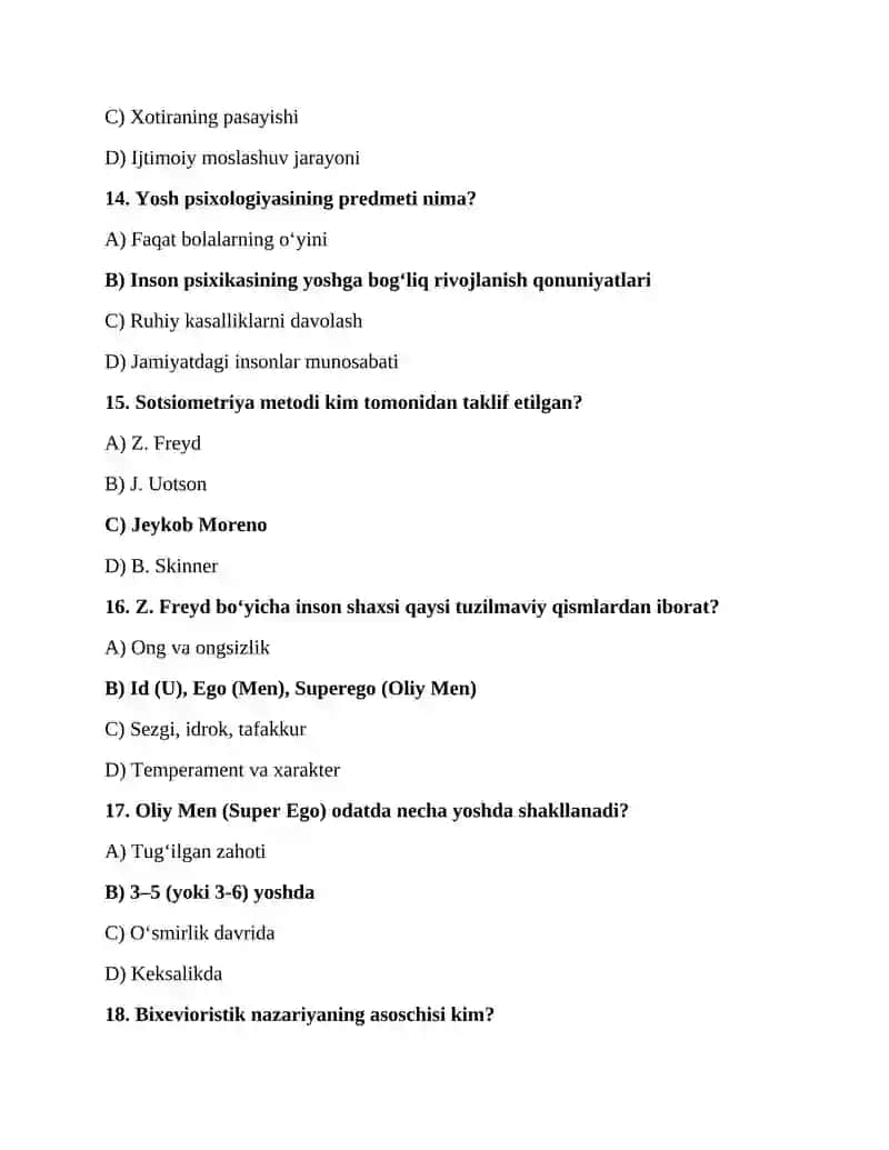 Pedagogik Psixologiya va Yosh Davrlari Psixologiyasi: Test Savollari 4