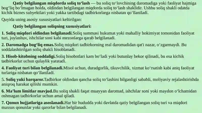 Qatiy belgilangan soliq to'lashning xususiyatlari 4
