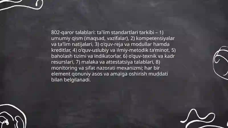 Davlat ta'lim standarti va kadrlarni kasbiy tayyorlash sifati" 802 "-qaror 4
