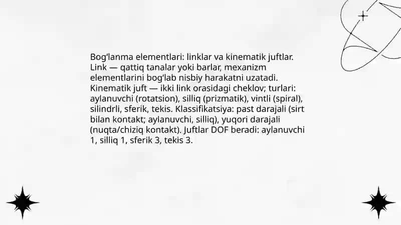Mexanizmlarning asosiy turlari va kinematik juftlar klassifikatsiyasi 4