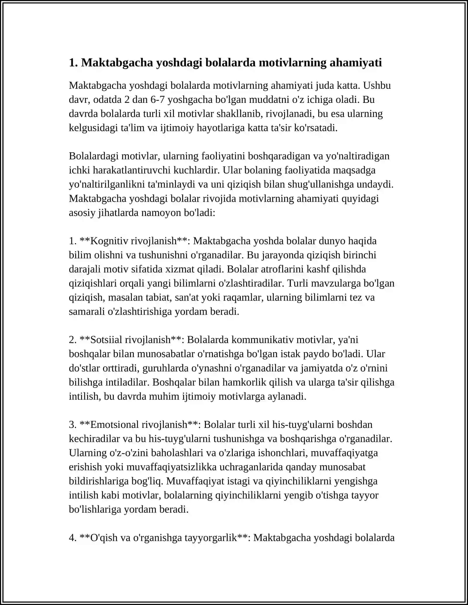 MAKTABGACHA YOSHDAGI BOLADA XULQ MOTIVLARINING RIVOJLANISHI O‘Z O'ZIGA SHAKILLANISHI MAVZUSIDA 10 VAROQ REFERAT 4