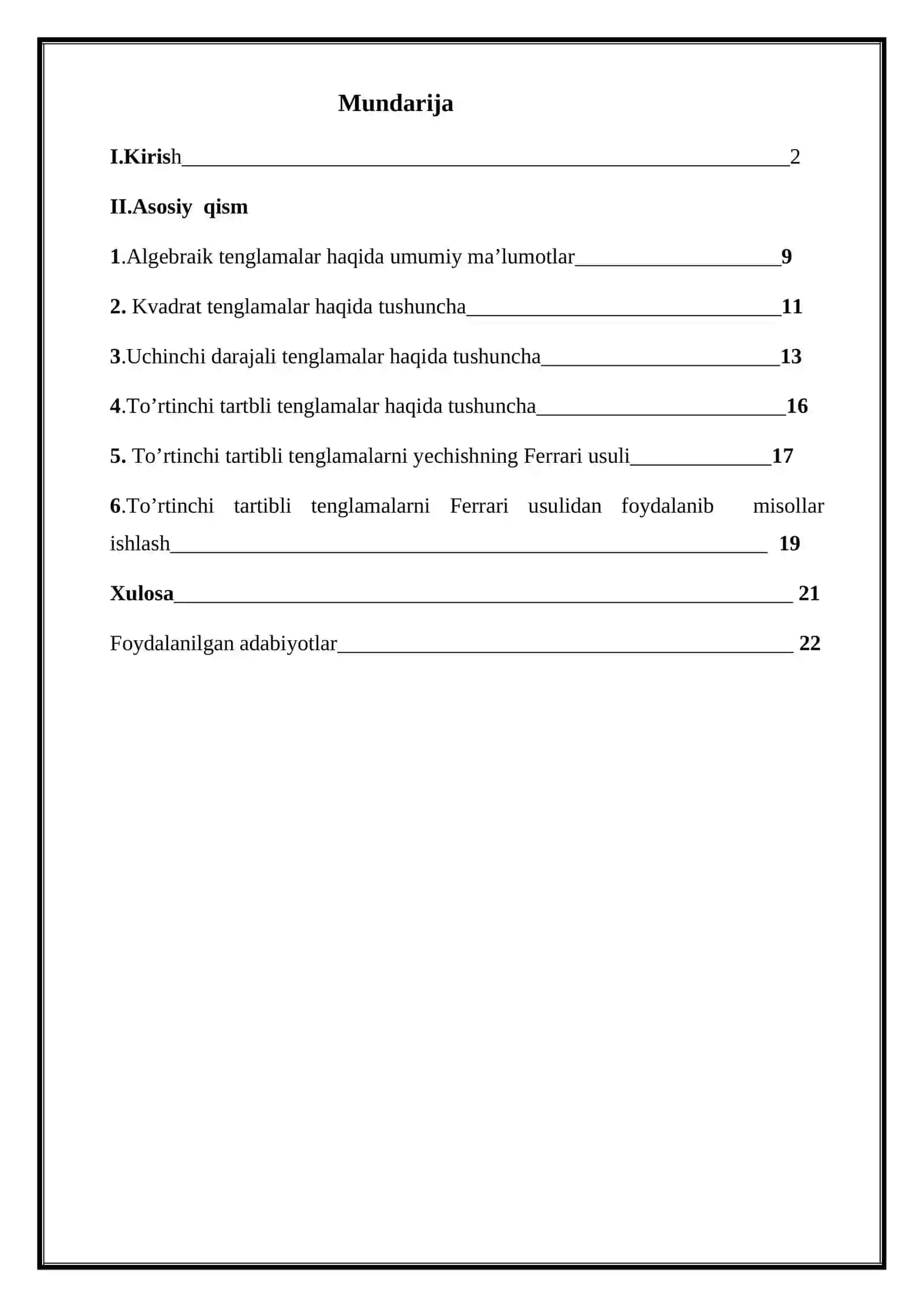 ALGEBRA VA SONLAR NAZARIYASI fanidan "TO’RTINCHI TARTIBLI TENGLAMALAR. FERRARI FORMULASI” kurs ishi 4