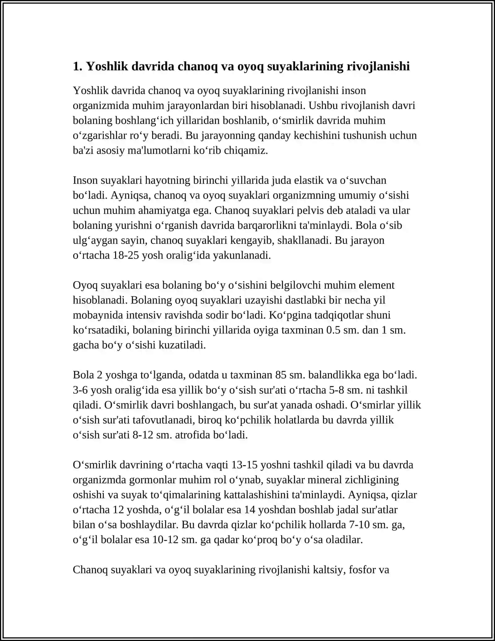 CHANOQ VA OYOQ SUYAKLARINING YOSHGA QARAB O'ZGARISHI, ULARNING YOSHGA VA JINSGA NISBATAN FARQLARI 4