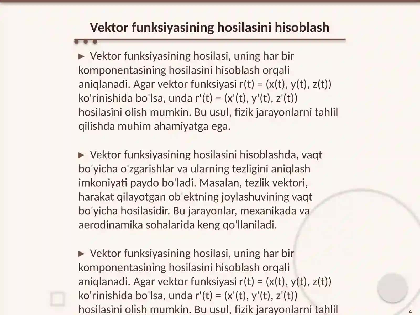 Vektor funksiyasining hosilasi va integrali 4