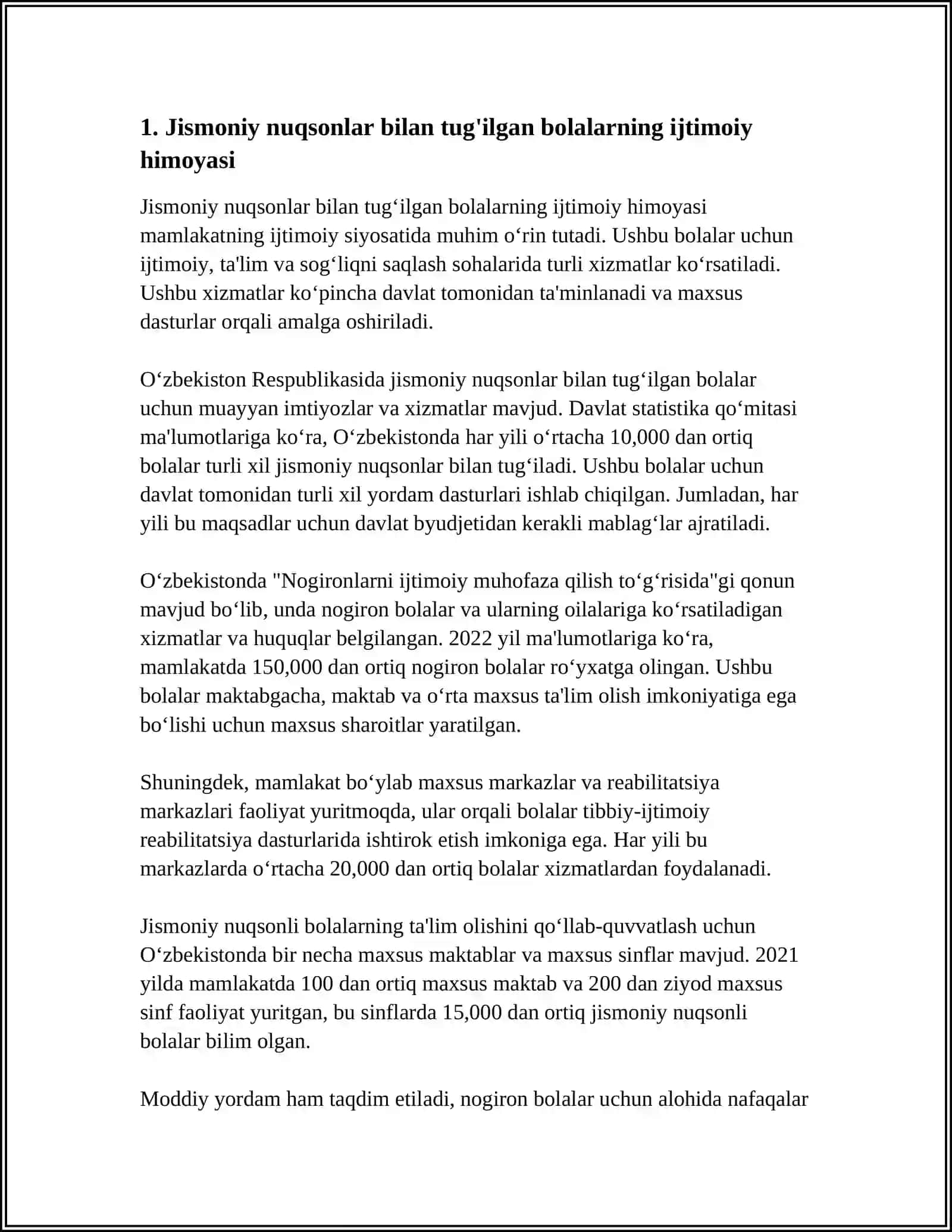O‘ZBEKISTON RESPUBLIKASIDA JISMONIY VA RUHIY RIVOJLANISHIDA NUQSONI BO’LGAN BOLALAR VA O’SMIRLARNING IJTIMOIY HIMOYASI 4