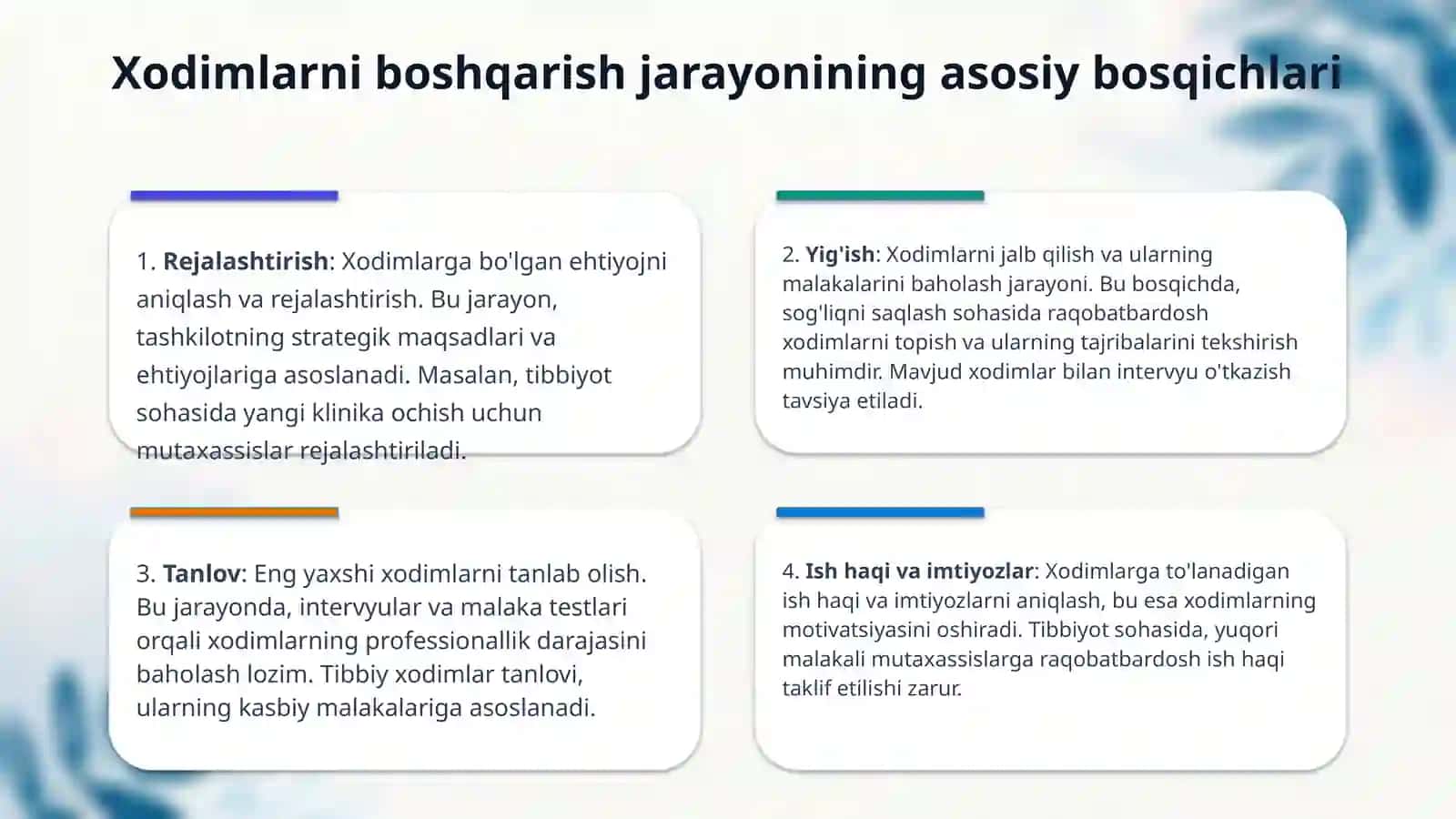 Mehnat resurslarini shakllantirish. Xodimlarni boshqarish. Mehnat resurslarini 4