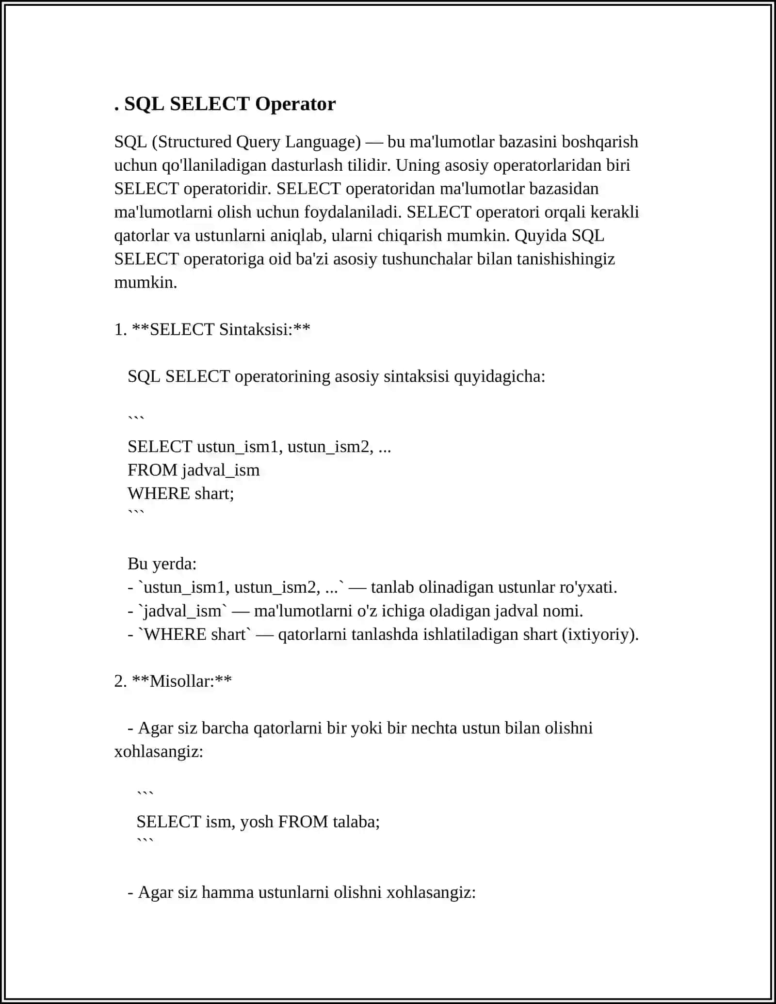 SQL TILI. SQL OPERATORLARINI YOZISH 4