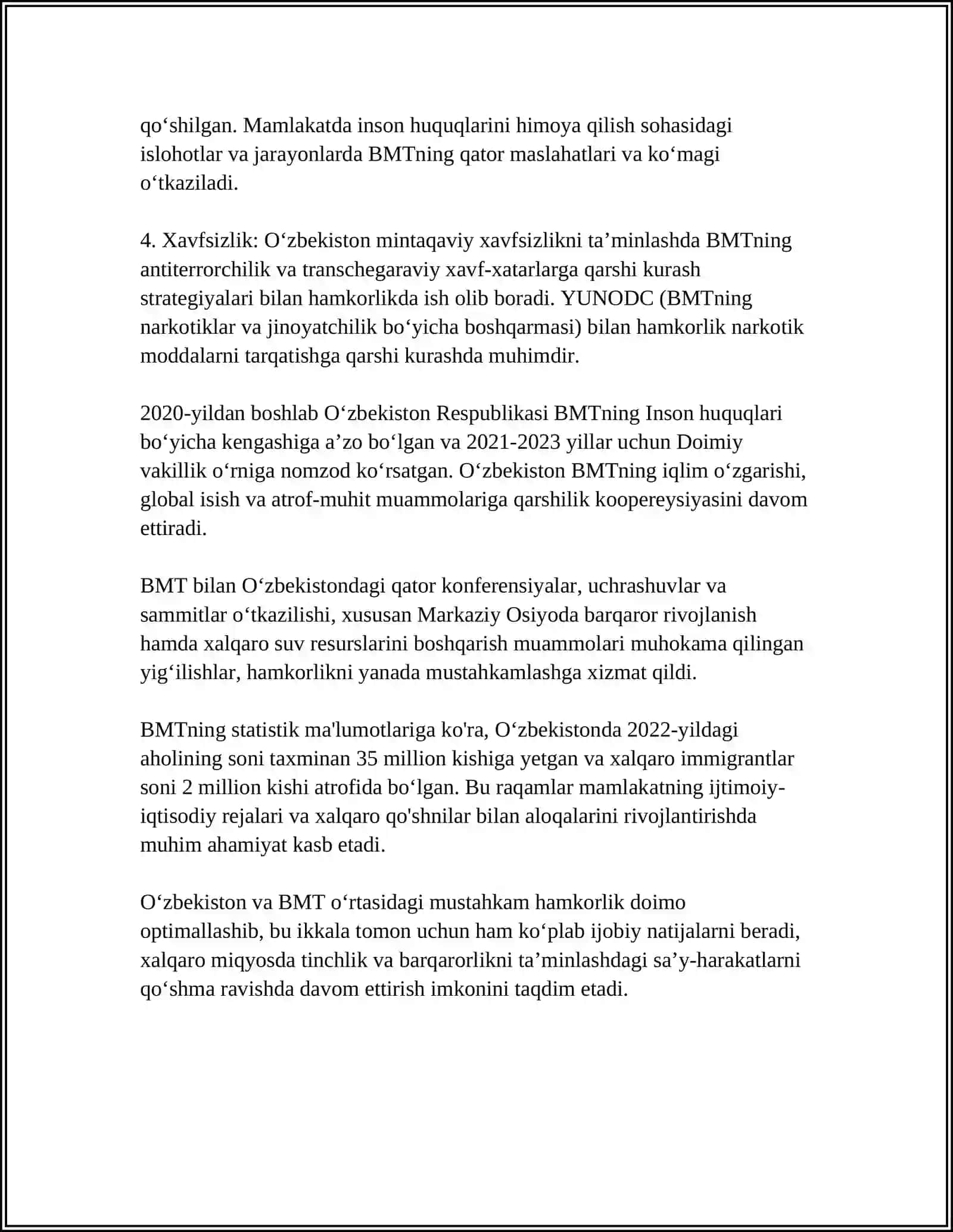 O‘zbekistonning Xalqaro Tashkilotlar Bilan Hamkorlik Aloqalari 4