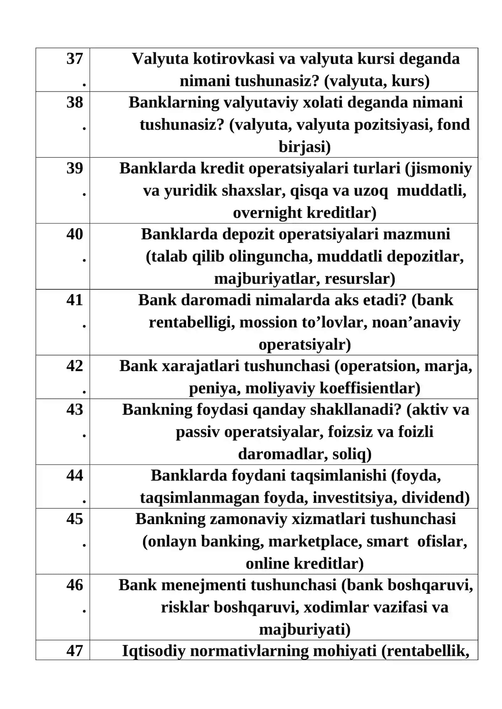 Texnikum bitiruvchilari uchun.NAMUNAVIY SUHBAT SAVOLLARI: “Bank ishi va auditi” ta‘lim yo‘nalishi bo‘yicha 4