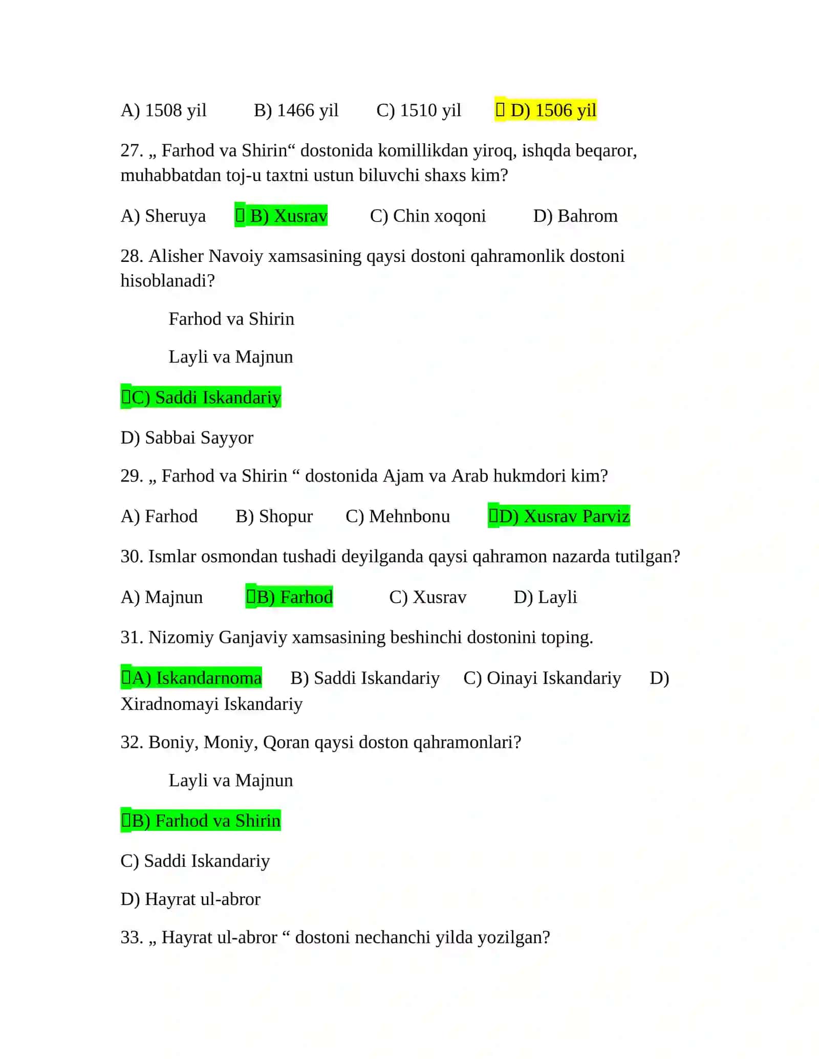 Oʻzbek adabiyotidan test savollari 4
