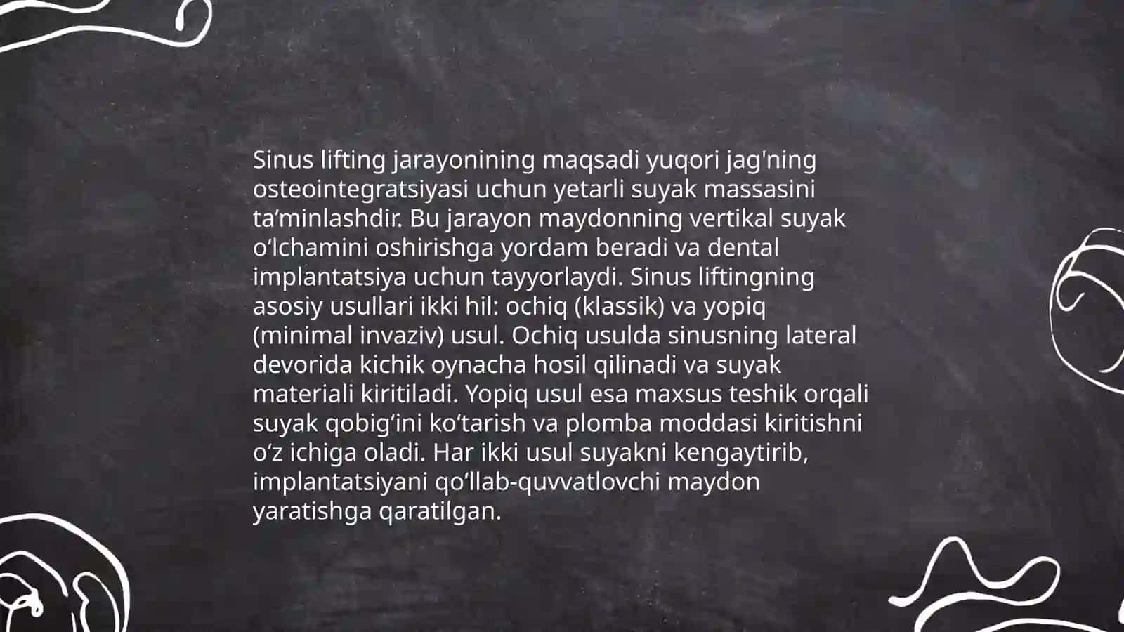 Dental implantatsiya yuqori jag'da o'tkaziladigan qo'shimcha operatsiyalar sinus lifting va augmentatsiya 4