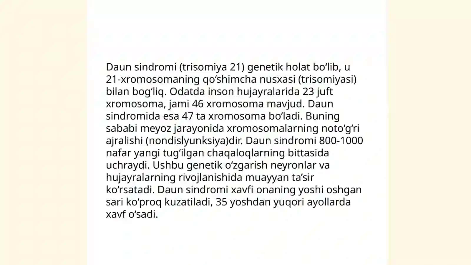 Aqliy rivojlanishda nuqsoni bo'lgan bolalar. Daun sindromli bolalarni kelib chiqish sabablari. Daun sindromli bolalar turlari 4