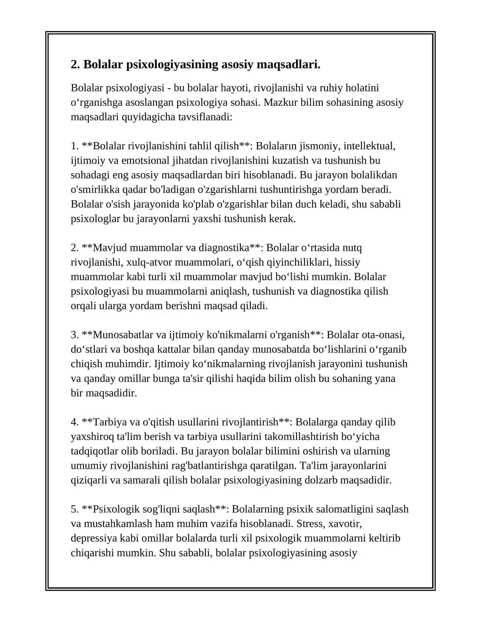 BOLALAR PSIXOLOGIYASI FANINING PREDMATI VAZIFALARI 4