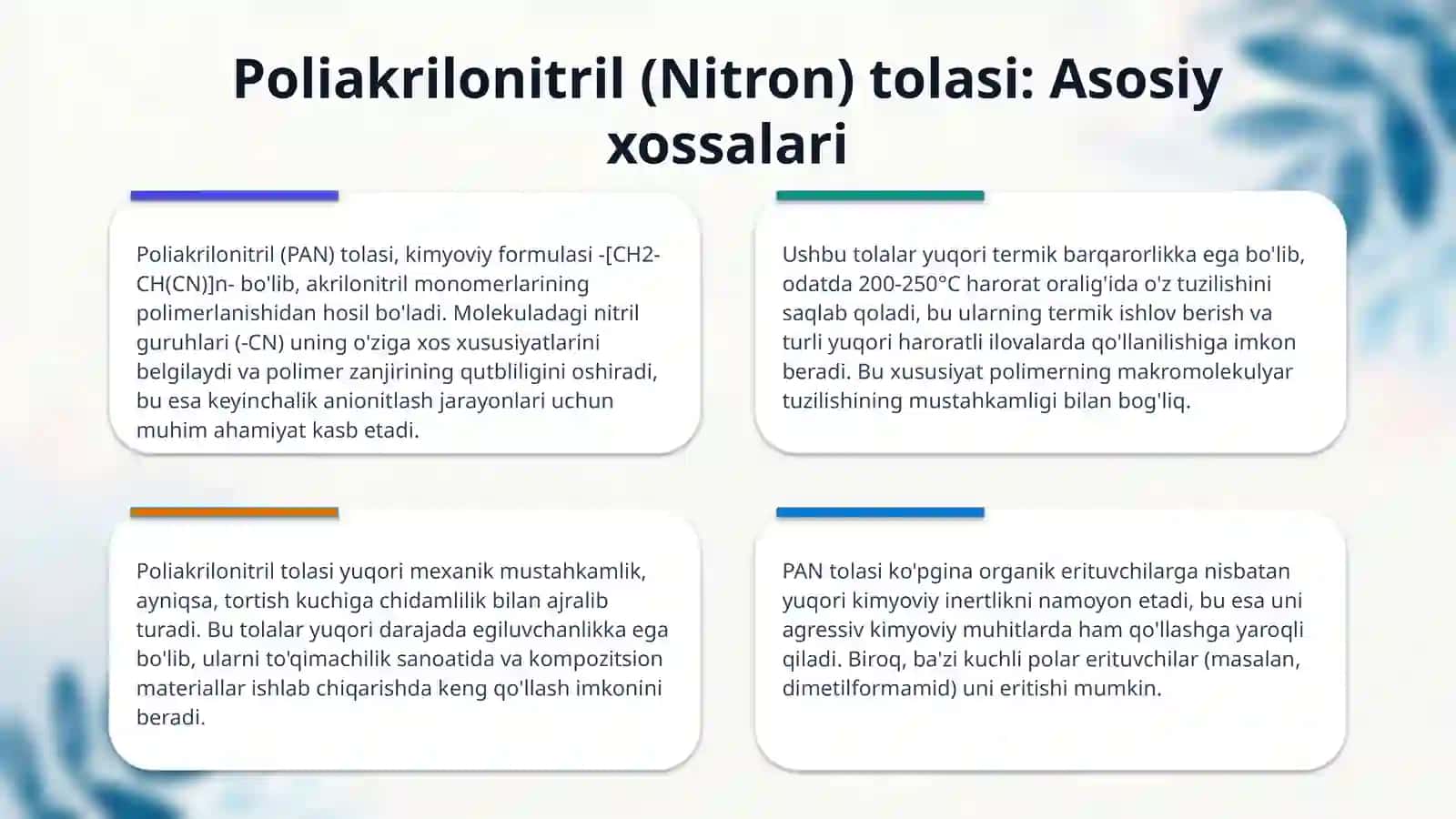 Poliakrilonitril (Nitron) tolasi asosida tolasimon anionit olish 4