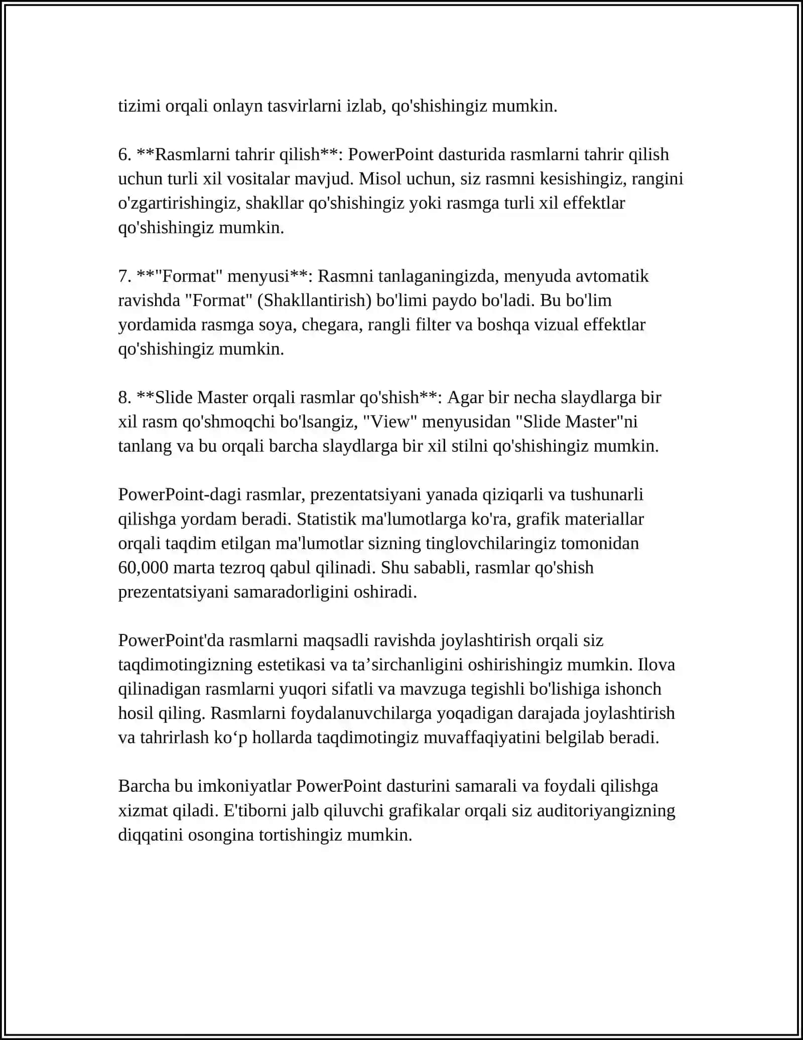 POWER POINT DASTURIDA RASMLAR JADVALLAR VA DIAGRAMMALAR BILAN ISHLASH 4