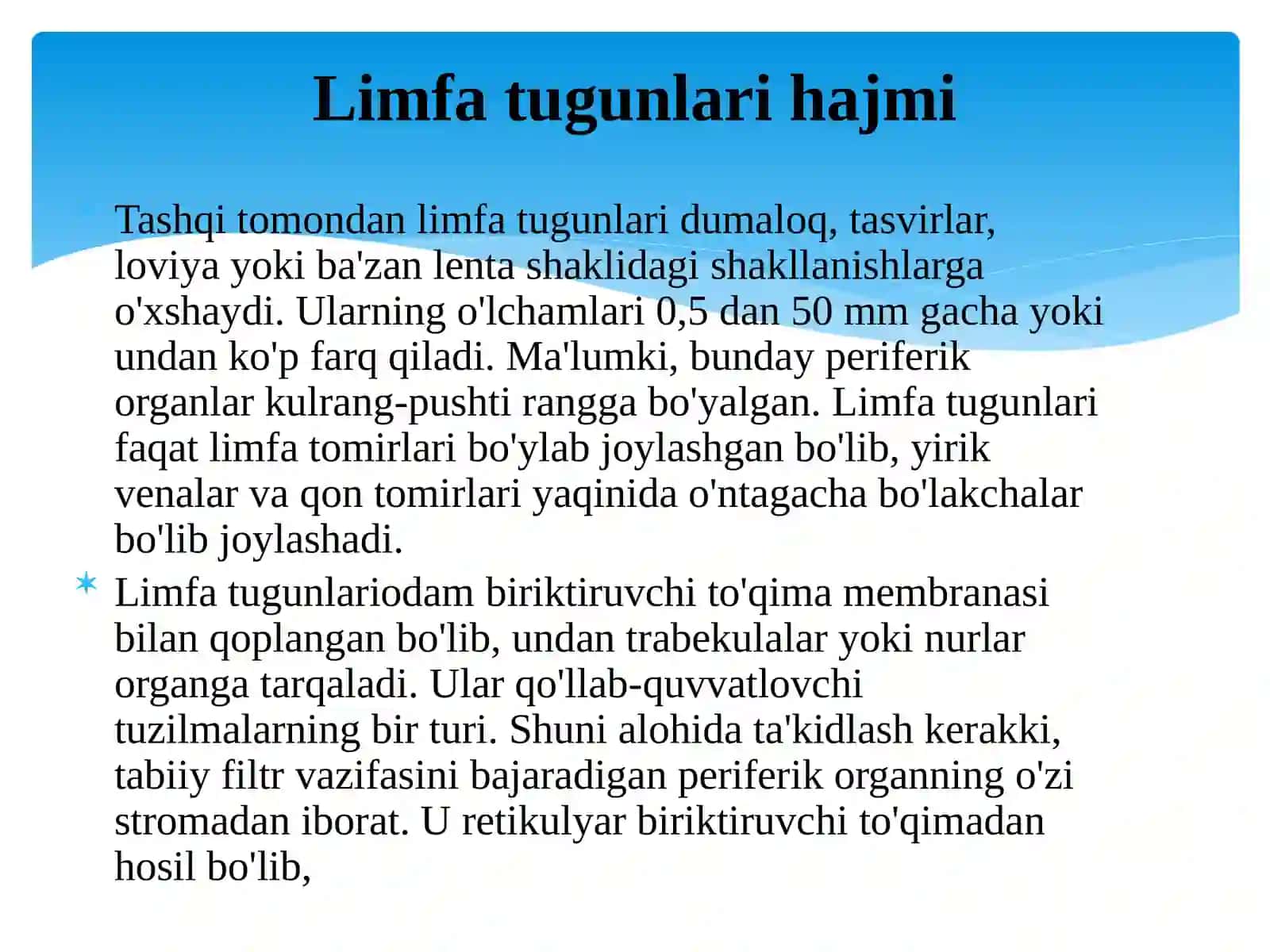 Limfa tugunlari .Birlamchi va ikkilamchi limfa tugunlari (folikular) tuzilishi va hujayra tarkibi.Linfa tugunlarining yoshga qarab o ‘zgarishi varegeniratsiyasi. 4