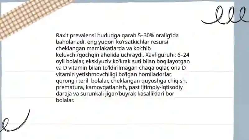 Skeletni raxitik deformatsiyasi. Klinik ko'rinishi va uchrashi. Tashxislash va davolash 4