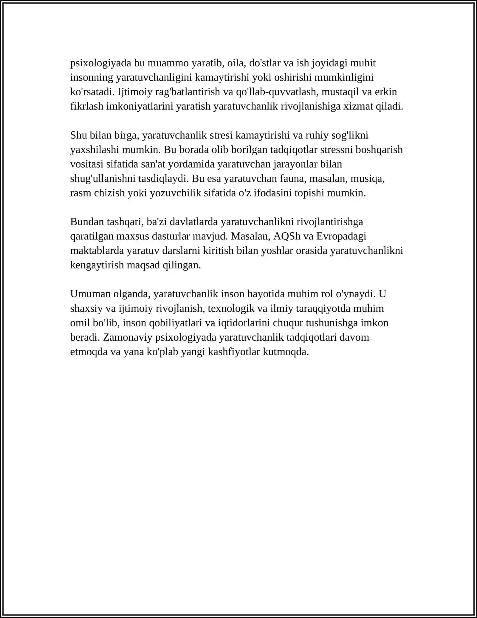 INTELLEKT VA KREATIVLIK NAZARIYALARI BOʻYICHA KEYS TOPSHIRIQLARI.JAVOBLARI BILAN 4