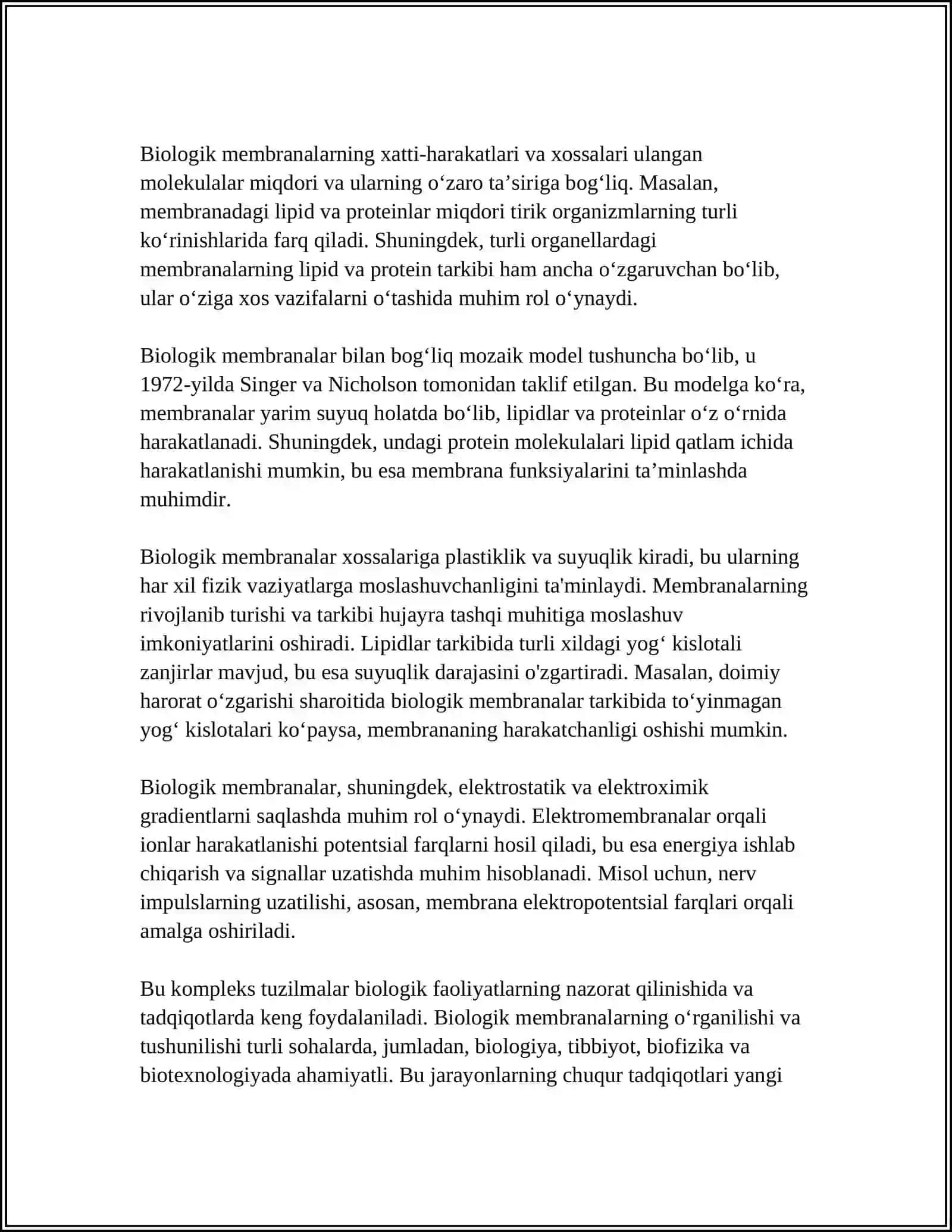 BIOLOGIK MEMBRANALARDAGI FIZIK JARAYONLAR. MEMBRANALARNING TUZILISHI VA MODELI. MEMBRANALARNING AYIRIM FIZIK XOSSALARI VA PARAMETRLARI. IONLARNI MEMBRANALAR ORQALI KO‘CHIRISH. NERNST-PLANK TENGLAMASI 4