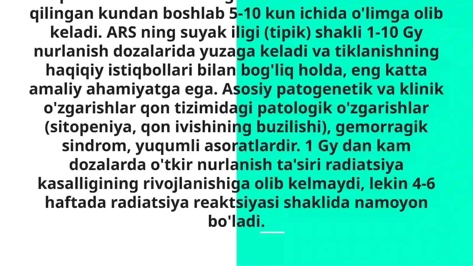 O'tkir nurlanish kasalligi. Patogenez. Klinik ko'rinishlari, klinik bosqichalari,og'irlik darajisiga ko'ra kriteriyalari. Davolash prinsiplari 4