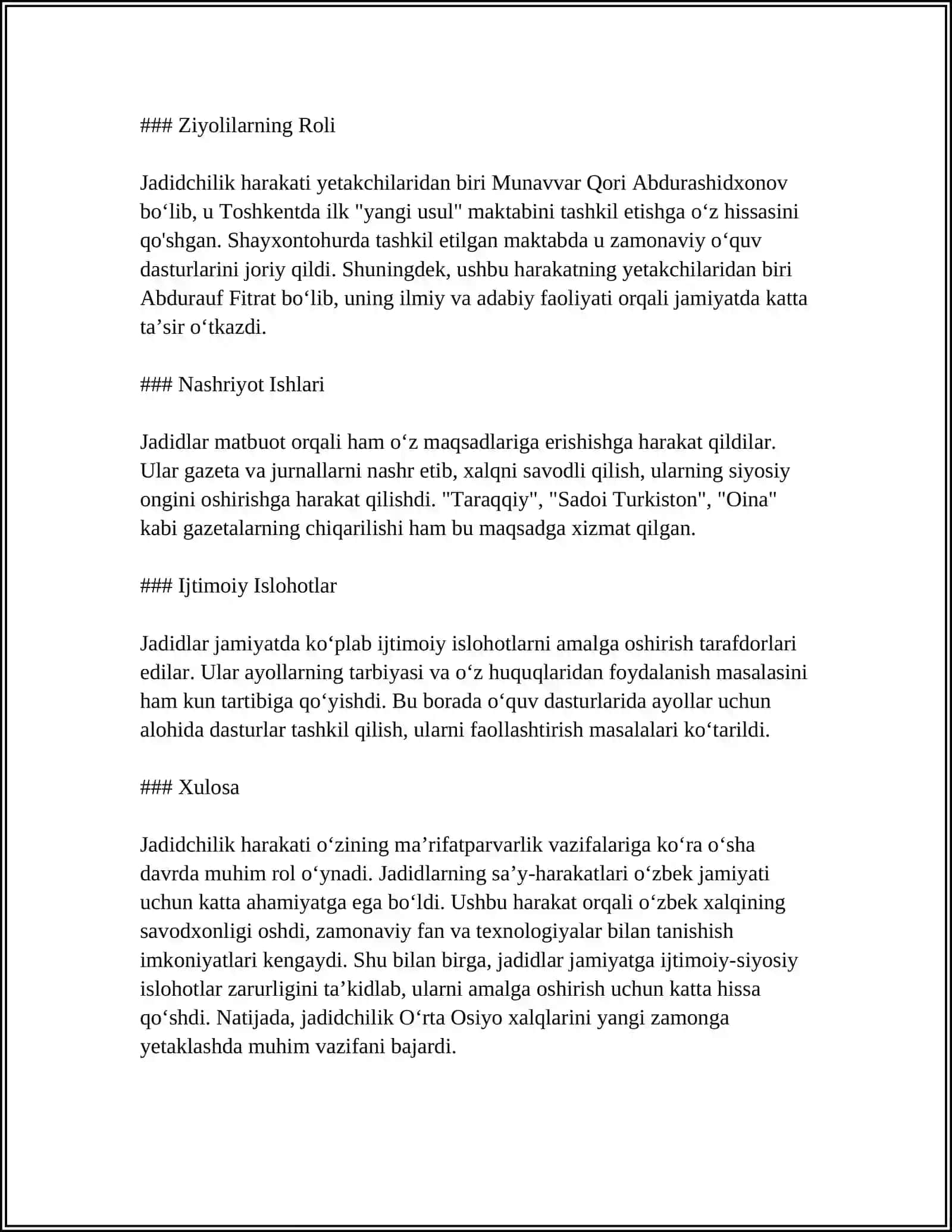 JADID MARIFATPARVARLARNING OʼLKA IJTIMOIY-MANAVIY HAYOTIDA TUTGAN OʻRNI (MUNAVVAR QORI, FITRAT 4