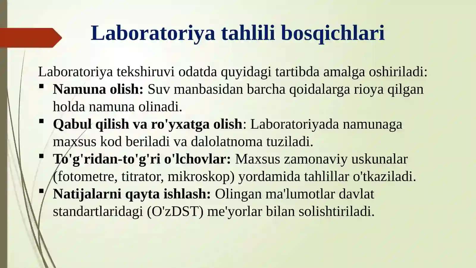 Suvdan sinama olish, ichimlik suvi sifatining laboratoriya tahlili va sifatini ekologo-gigiyenik bah 4