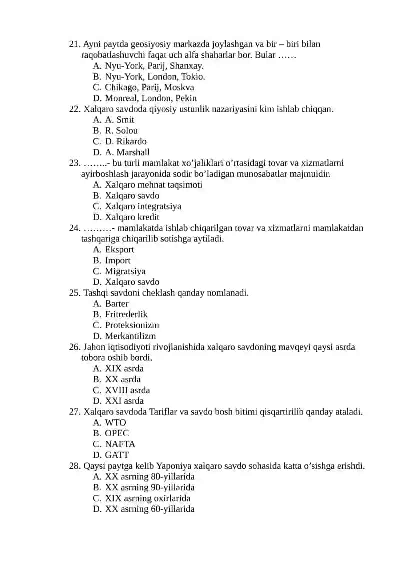 Global iqtisodiy rivojlanish fanidan Yakuniy nazorat savollari 4