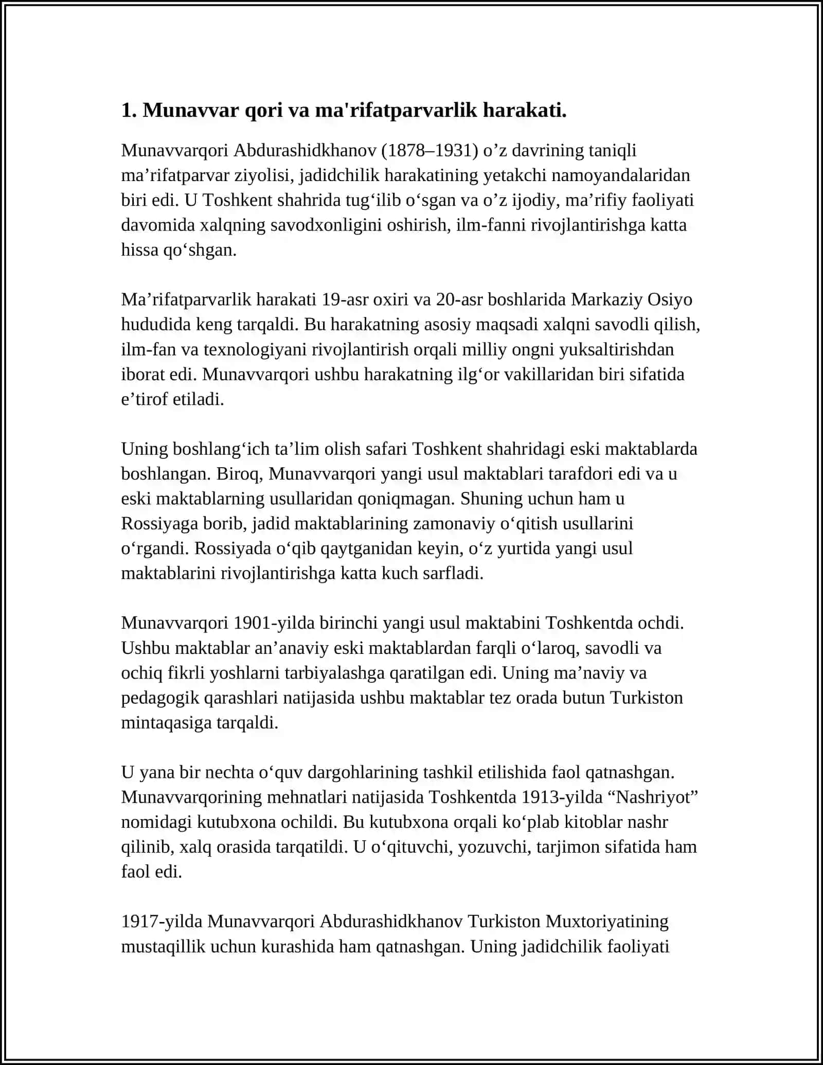 JADID MA'RIFATPARVARLARNING ÕLKA IJTIMOIY-MA'NAVIY HAYOTIDA TUTGAN ÕRNI(MUNAVVAR QORI, FITRAT,BEHBUDIY,AVLONIY VA BOSHQALAR.) 4