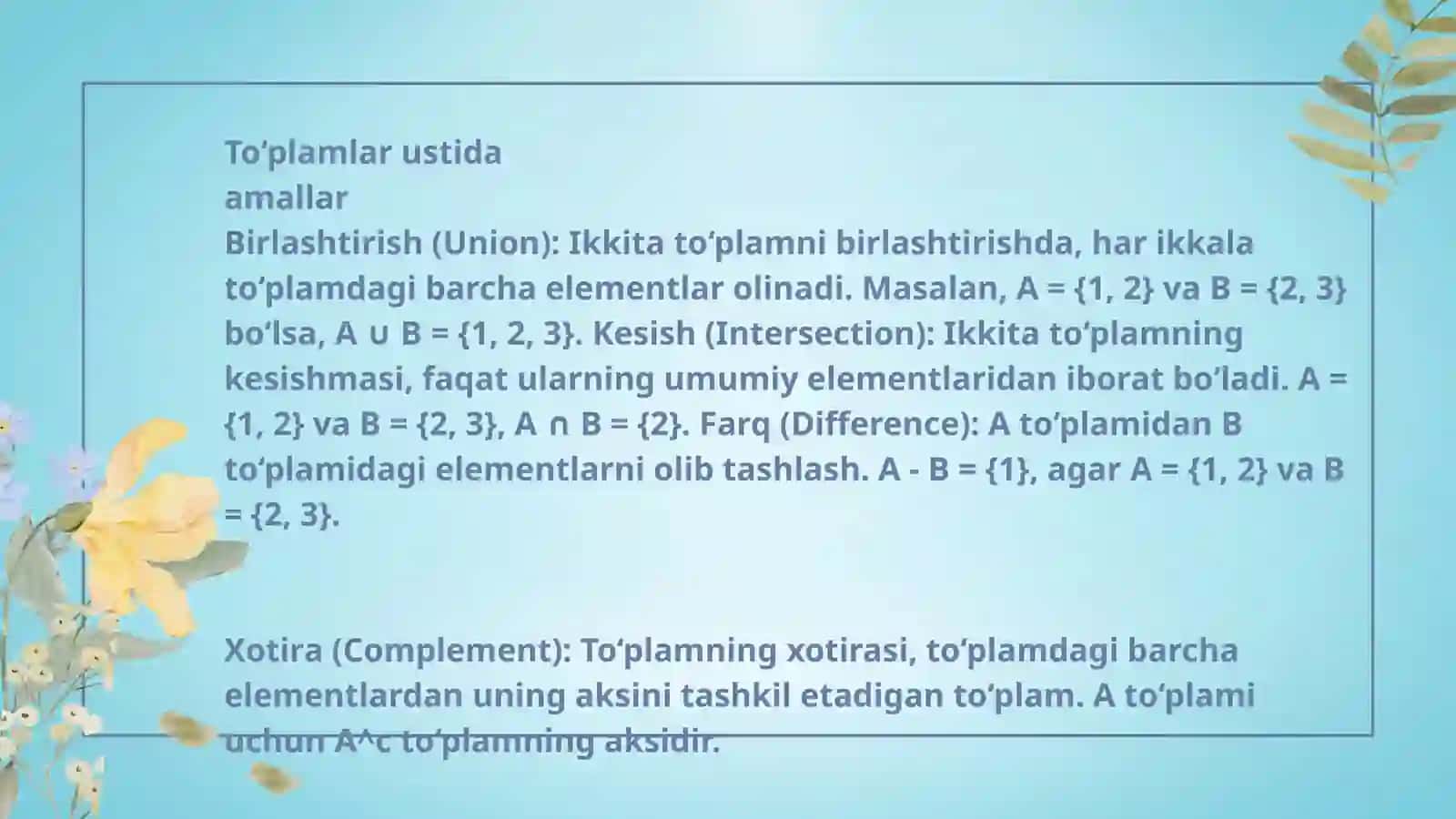 Toʻplamlar va ularning ustida amallar sanoqli toʻplmalar.Ekvivalent toʻplamlar. Akslantirish va ularning turlari. Teskari akslantirish 4