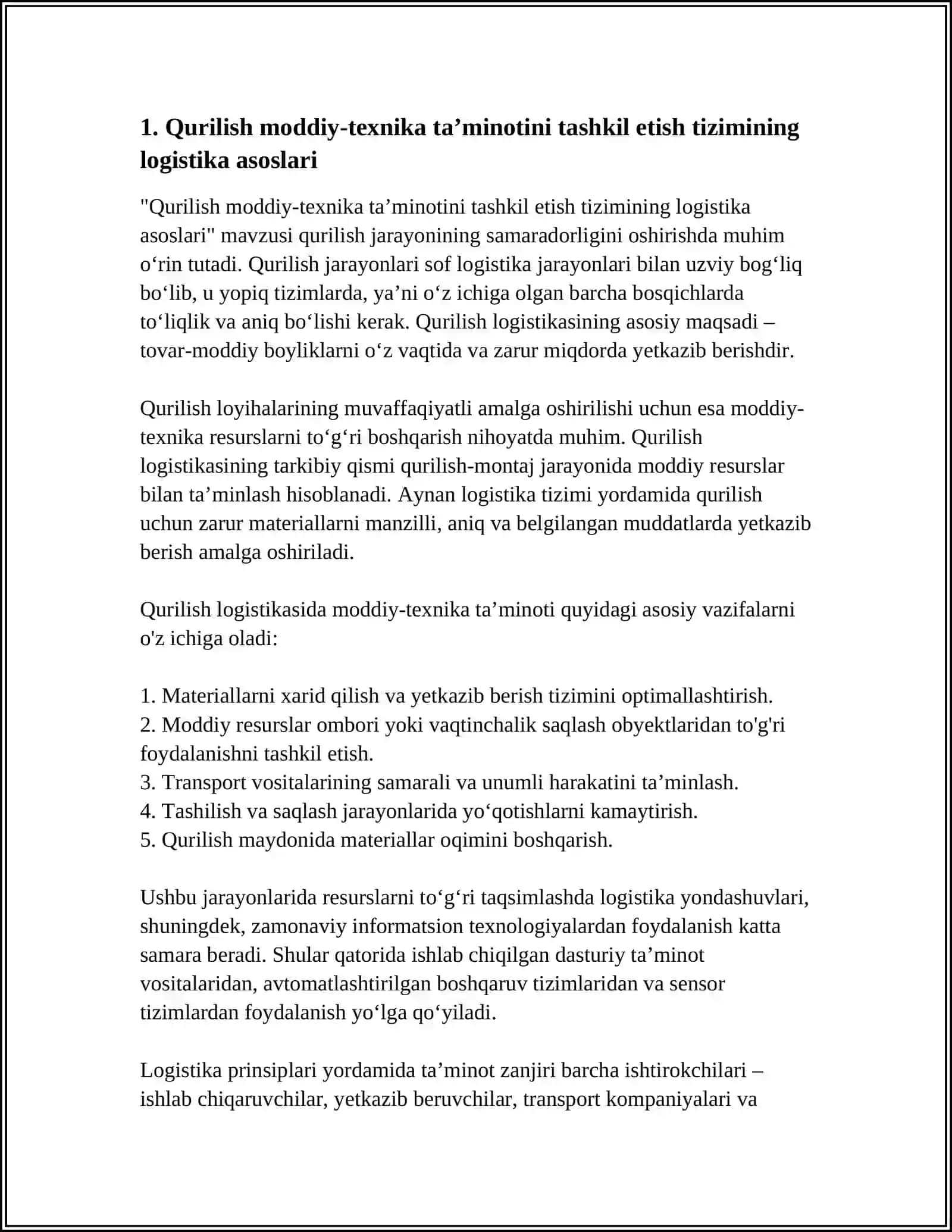 QURILISH MODDIY - TEXNIKA TA'MINOTINI TASHKIL ETISH TIZIMIDA LOGISTIKA 4