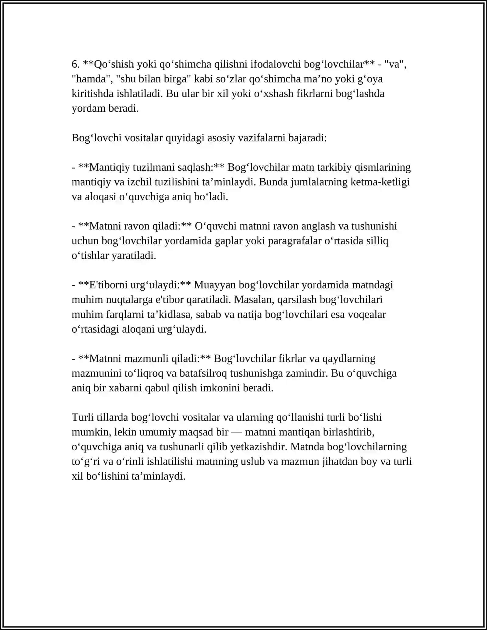 MATN TARKIBIY QISMLARINI BOGʻLOVCHI VOSITALAR YUZASIDAN MATNLARNI TAHLIL QILISH MAVZUGA DOIR MASHQLAR 4