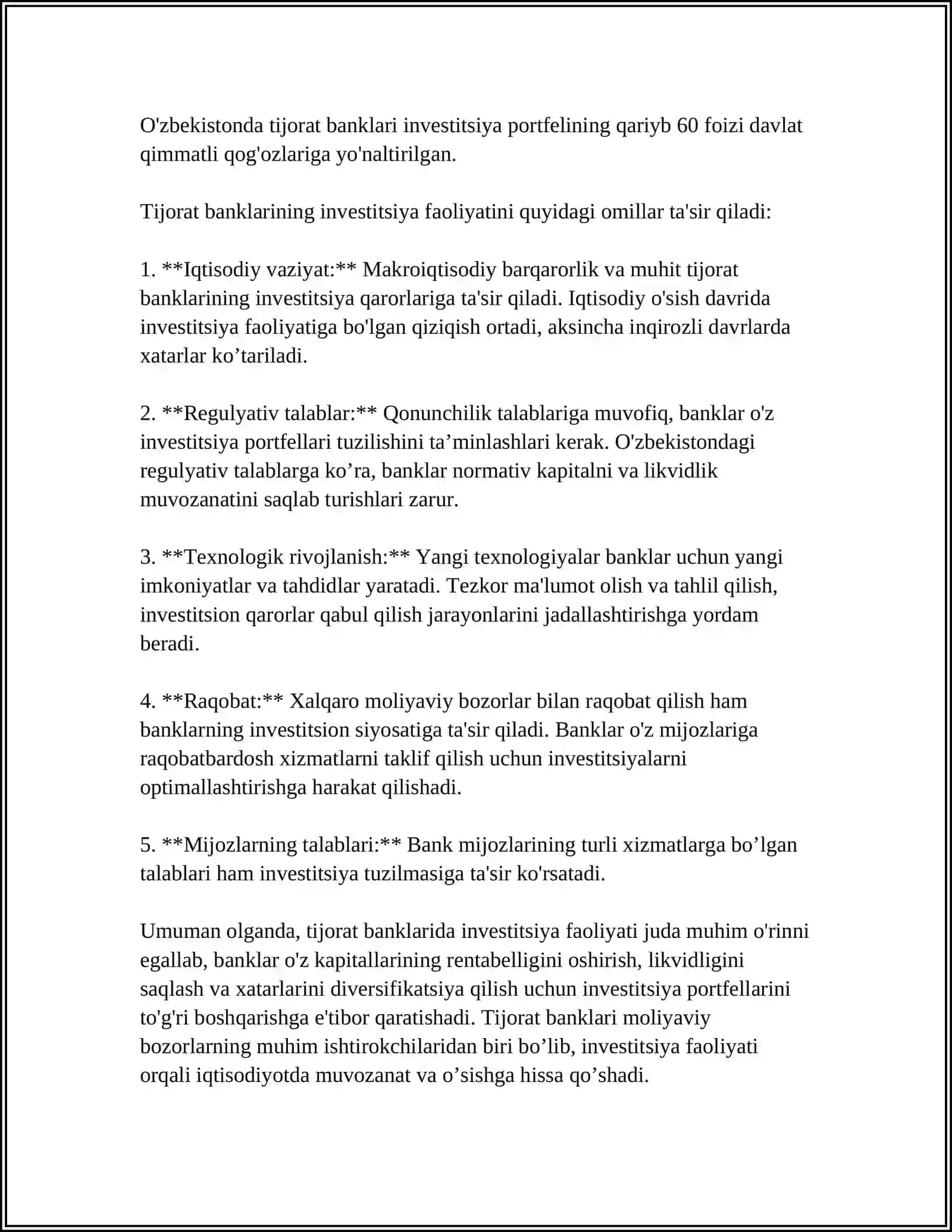 TIJORAT BANKLARIDA INVESTITSIYA FAOLIYATINING HISOBI 4