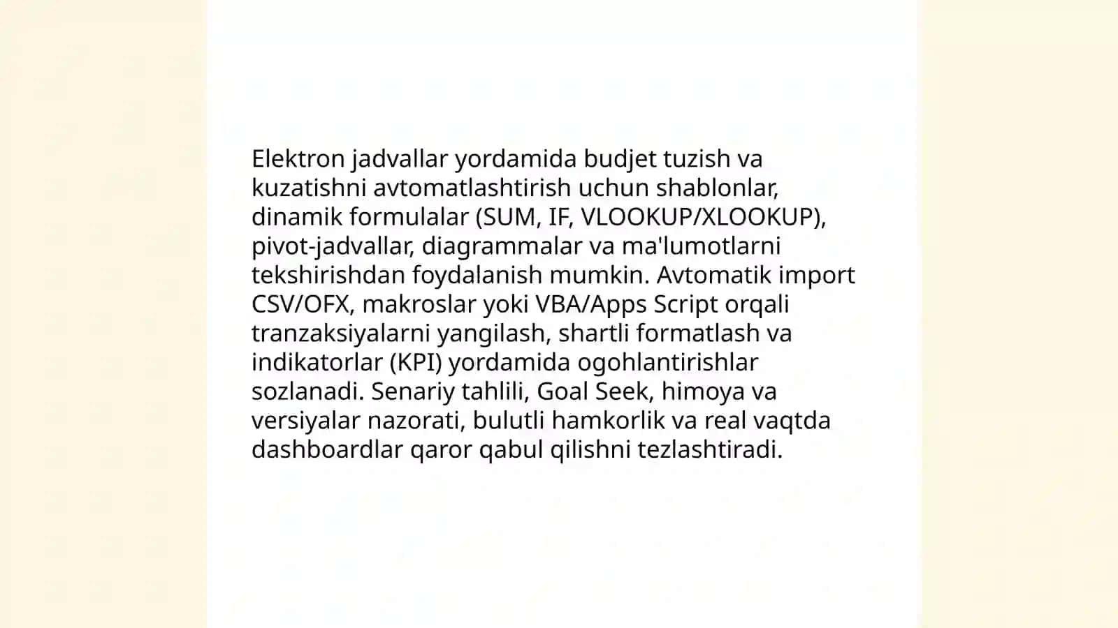 Iqtisodiyot va moliya sohasidagi amaliy vazifalarni yechish uchun elektron jadvallardan foydalanish 4