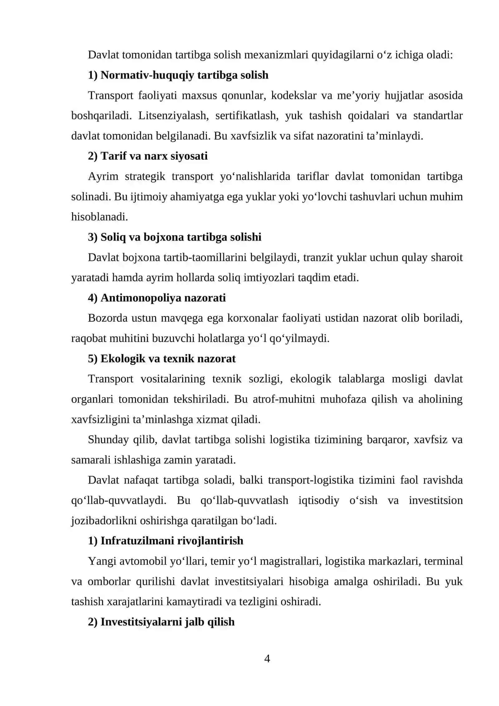 TRANSPORT LOGISTIKA TIZIMINI DAVLAT TOMONIDAN TARTIBGA SOLISH VA QO'LLAB QUVVATLASH 4