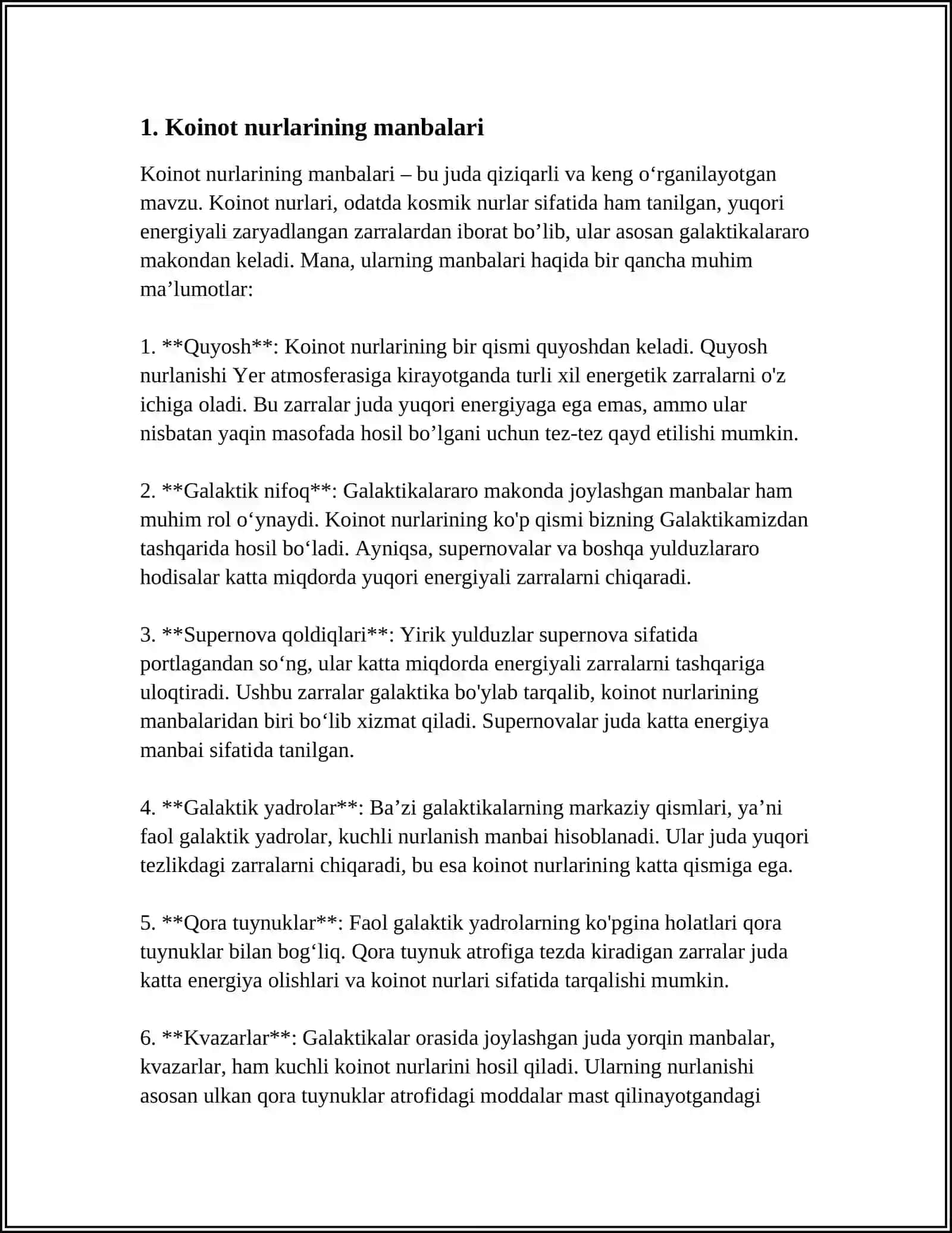 KOINOT NURLARI. KOINOT NURLARINING MANBAALARI, ENERGIYASI VA KIMYOVIY TARKIBI 4