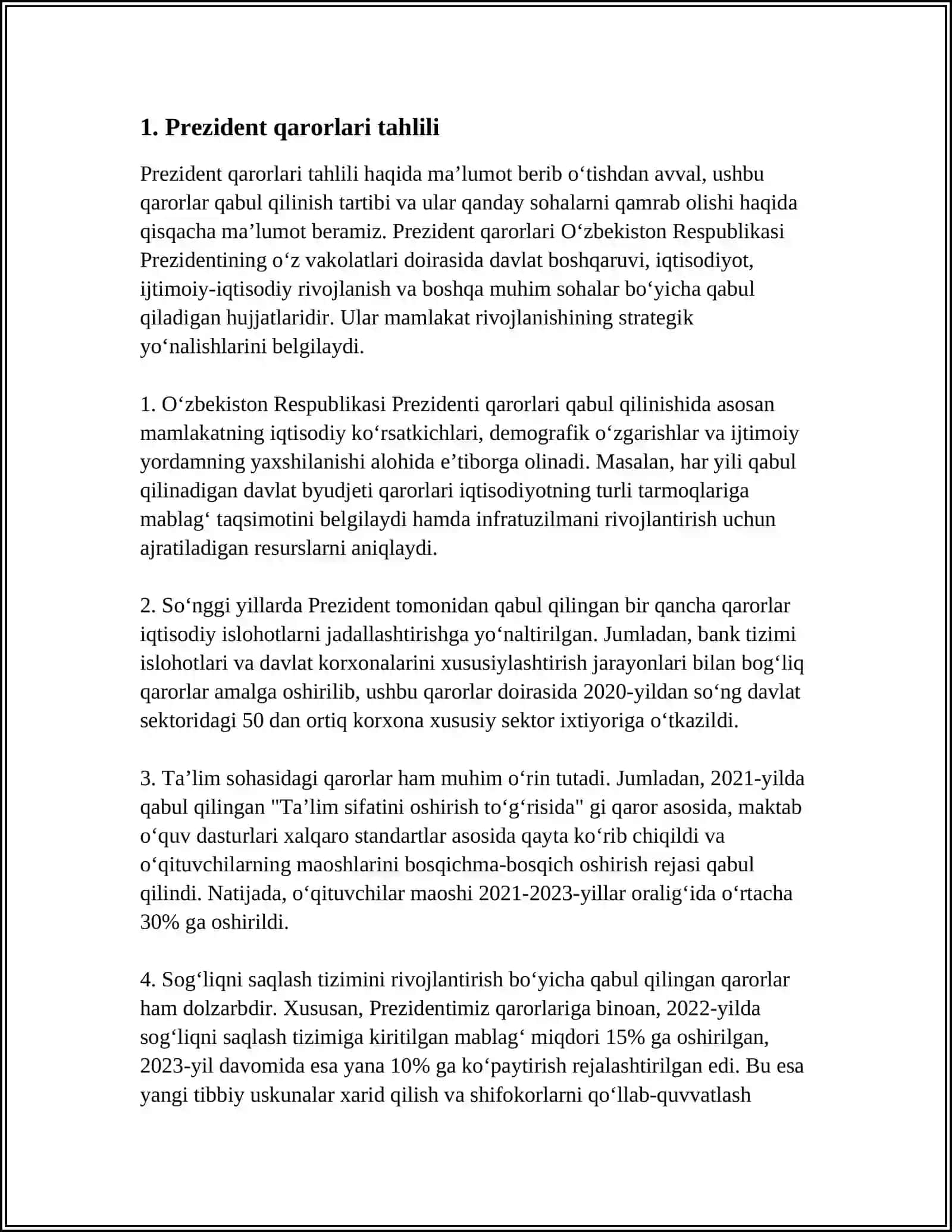 PRESIDENT QARORLARINI O'RGANISH.OLIY MAJLIS TOMONIDAN CHIQARILGAN TABIATNI MUHOFAZA QILISHGA DOIR QONUNLARNI O'RGANISH 4