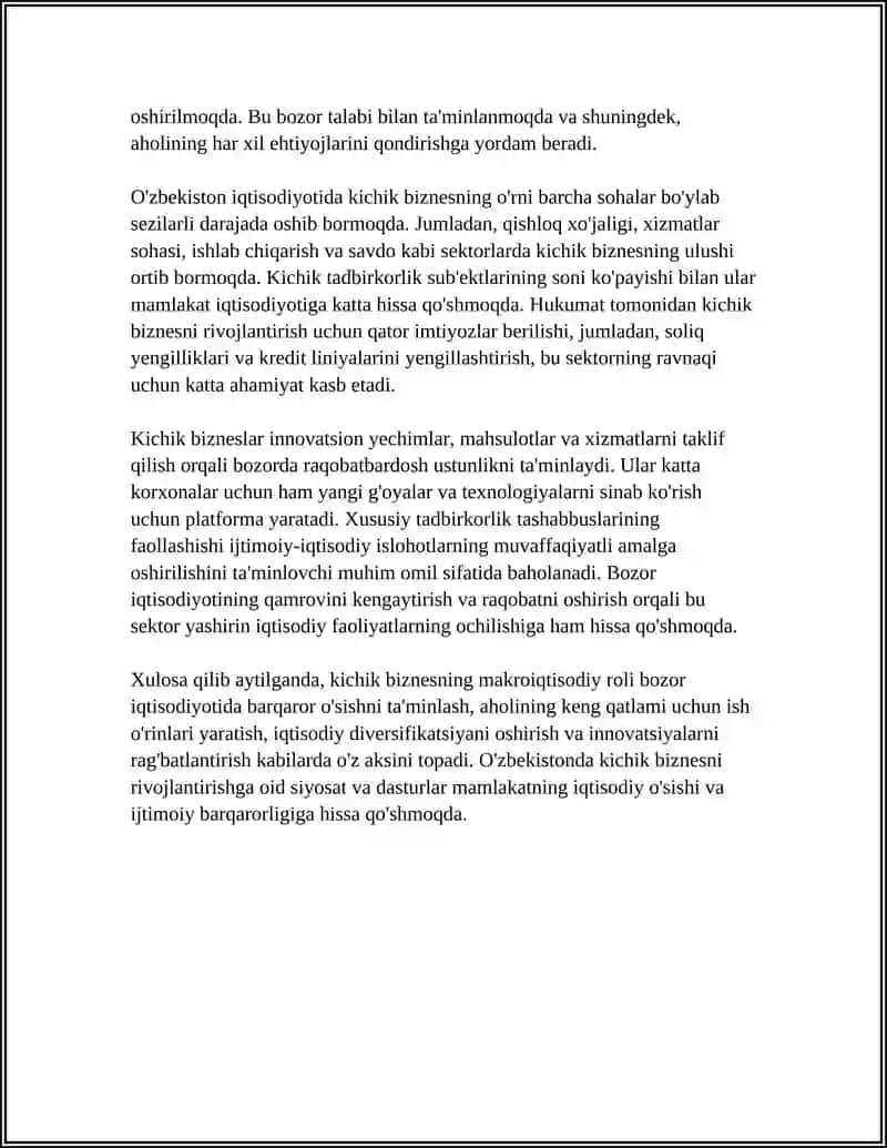 BOZOR IQTISODIYOTIDA KICHIK BIZNES VA XUSUSIY TADBIRKORLIKNING O'RNI 4