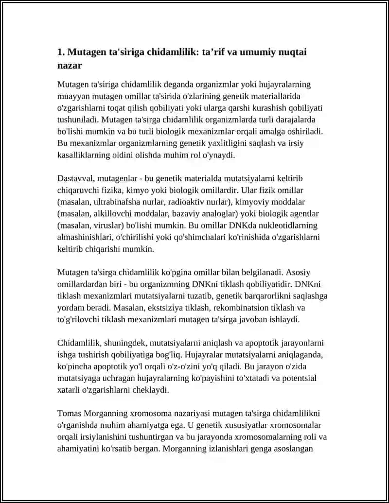 MUTAGEN TA'SIRGA CHIDAMLILIGI MUHOKAMA QILISH.TOMAS MORGAN XROMOSOMA NAZARIYASI.JINS GENETIKASINI O'RGANIB CHIQISH 4