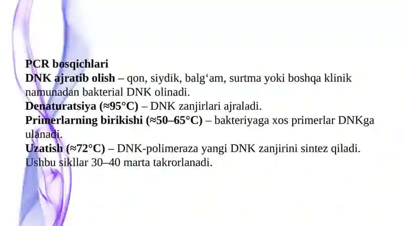 Zanjirli polimeraza reaksiyasi (PCR) orqali bakterial infeksiyalarni aniqlash. 4