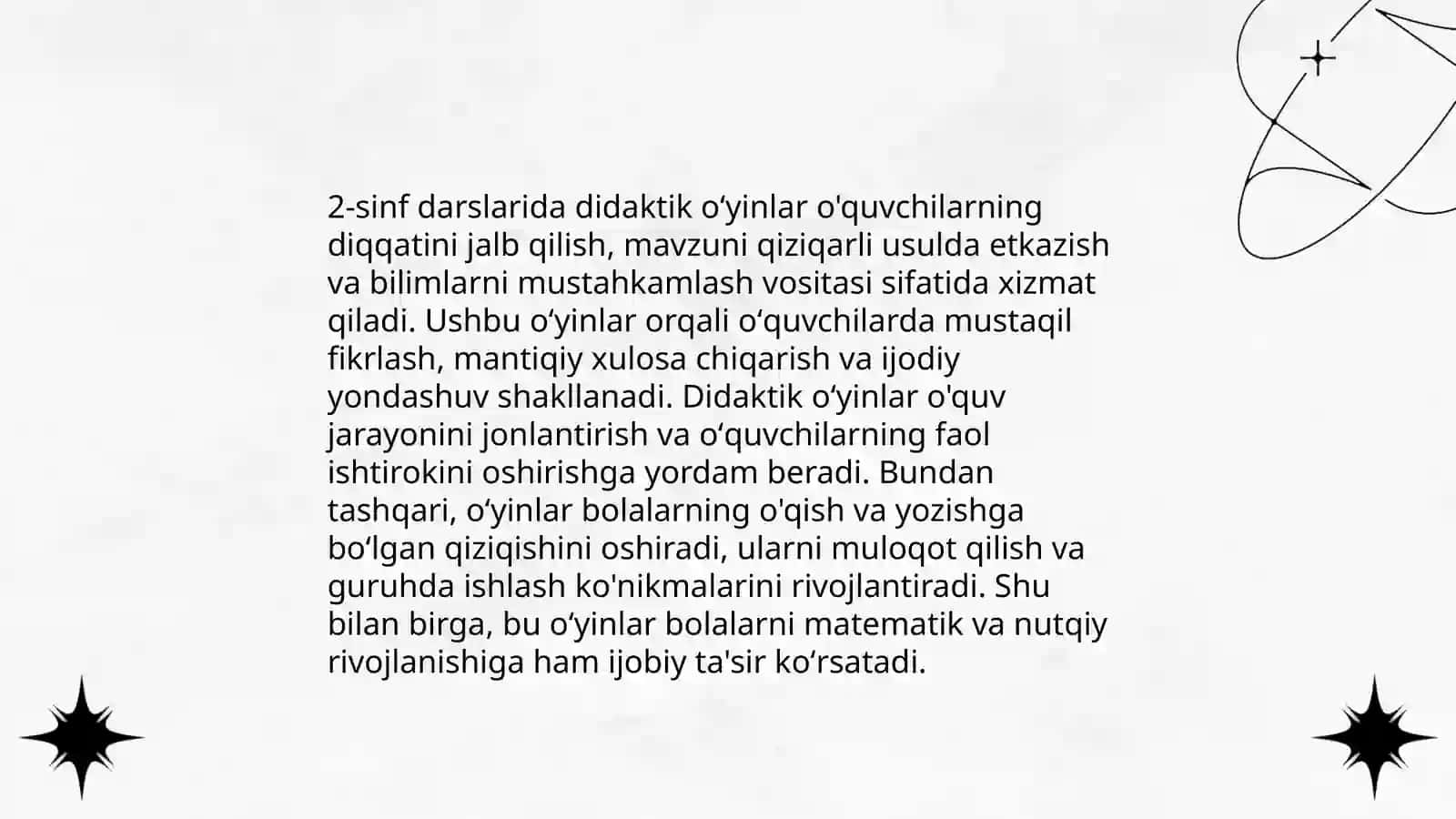 Matematikadan sinfdan tashqari mashgʻulotlarda didaktik oʻyinlarning ahamiyati mazmuni undan foydalanish 2-sinf 4