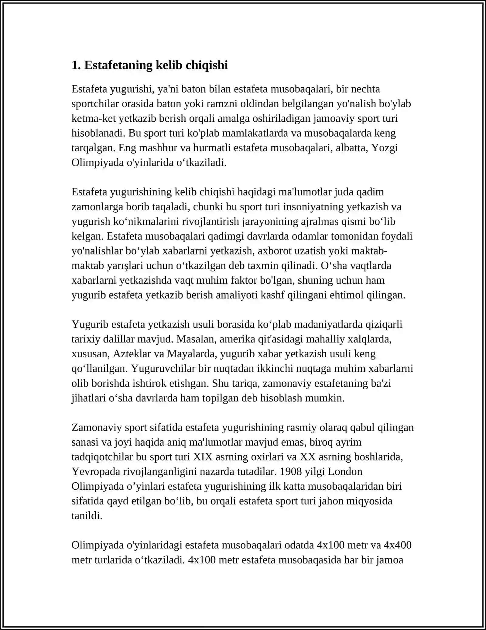 YENGIL ATLETIKA: ESTAFETALI YUGURISH 100, 200, 400 METRGA 4
