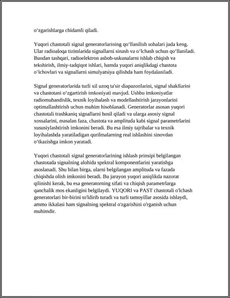 YUQORI VA PAST CHASTOTALI OʻLCHASH GENERATORLARI HAQIDA MAʼLUMOTLAR 4