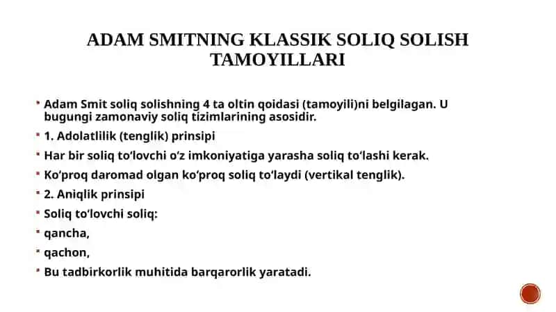 Soliqlar va yig‘imlar. Soliq solish prinsiplari. Soliqlarning elementlari. 4