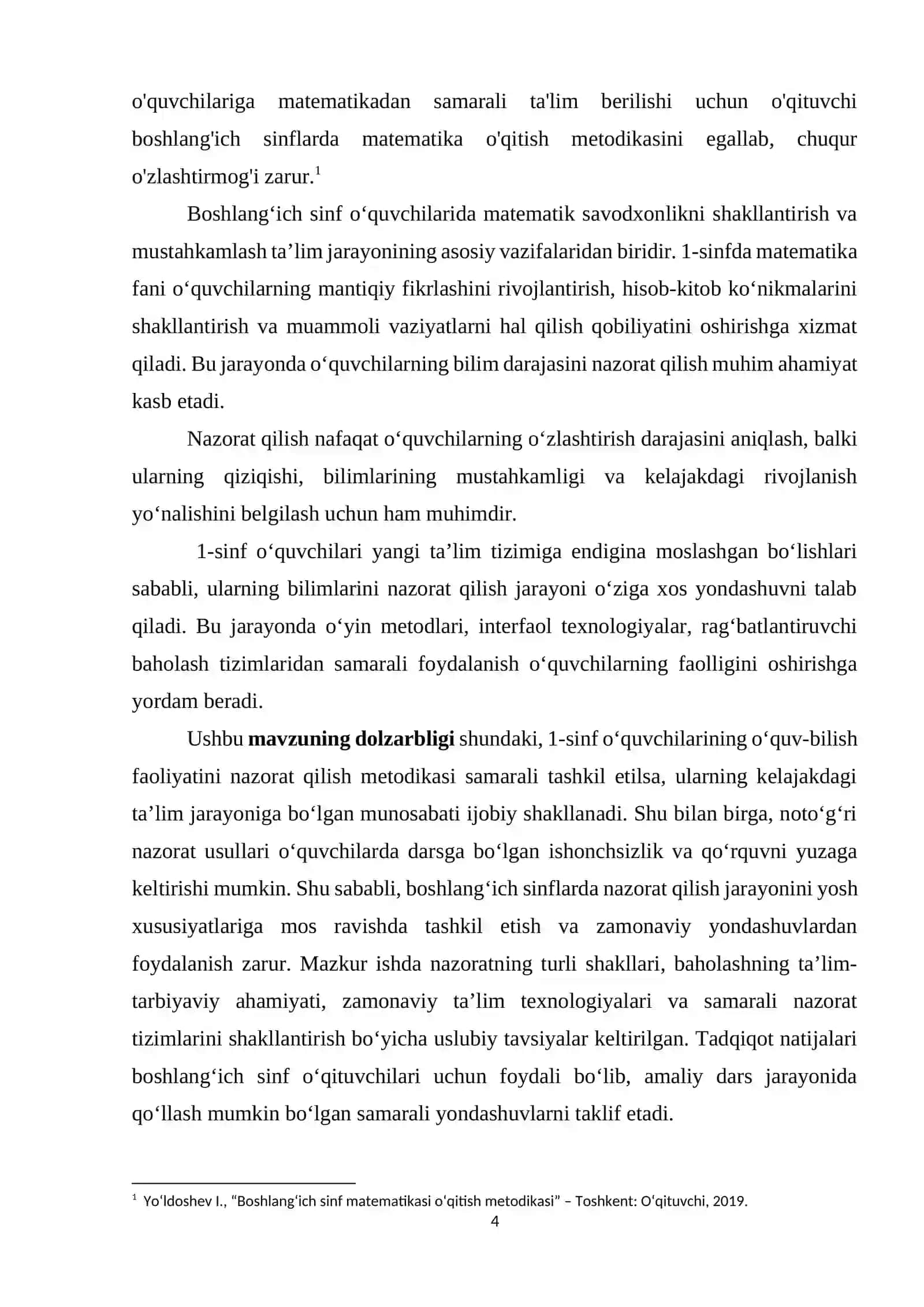 1-sinfda matematikadan o’quvchilarni o’quv bilish jarayonini nazorat qilish metodikasi 4
