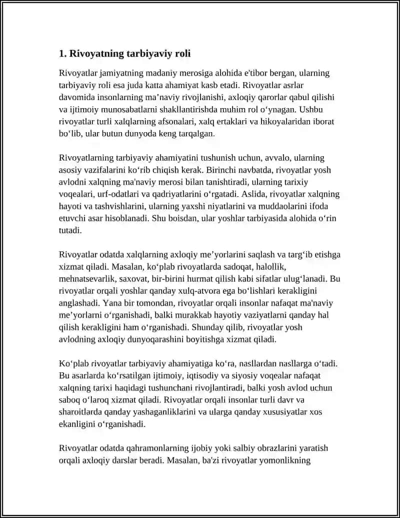 REFERAT Mavzu: RIVOYATNING TARBIYAVIY AHAMIYATI VA UNING OZIGA HOS JIHATLARI 4