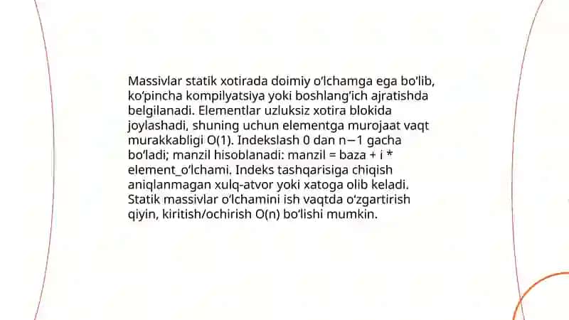 Ma’lumotlar tuzulmasi hamda massiv,royxat,stek, navbat,toplam va xesh-jadval nazariy asoslari 4