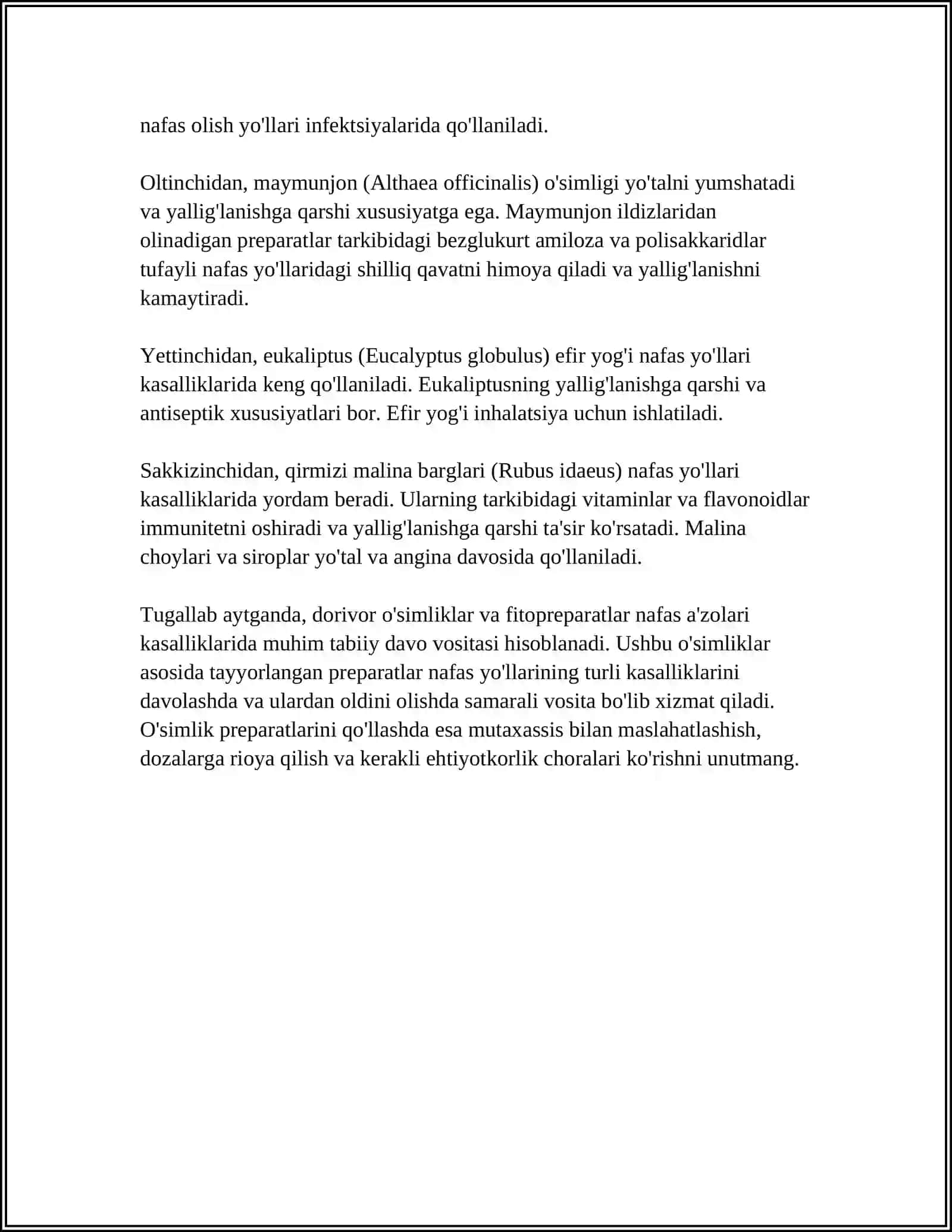 NAFAS AZOLARI KASALIKLARIDA ISHLATILADIGANG DORIVOR O'SIMLIKLARDA VA ULARNING FITOPREPARATLARI 4