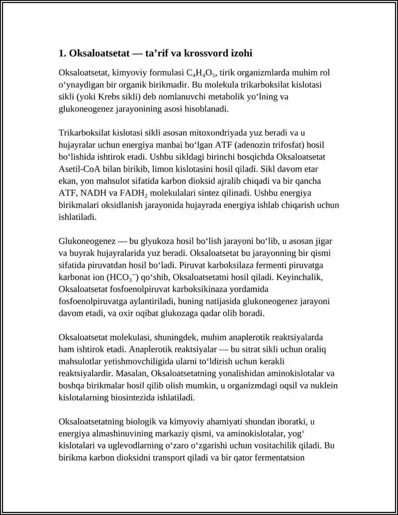 KROSSVORD – “OKSALOATSETAT, SITRAT, Α-KETOGLUTARAT, NADH, GTP” SO‘ZLARI ASOSIDA KROSSVORD TUZISH 4