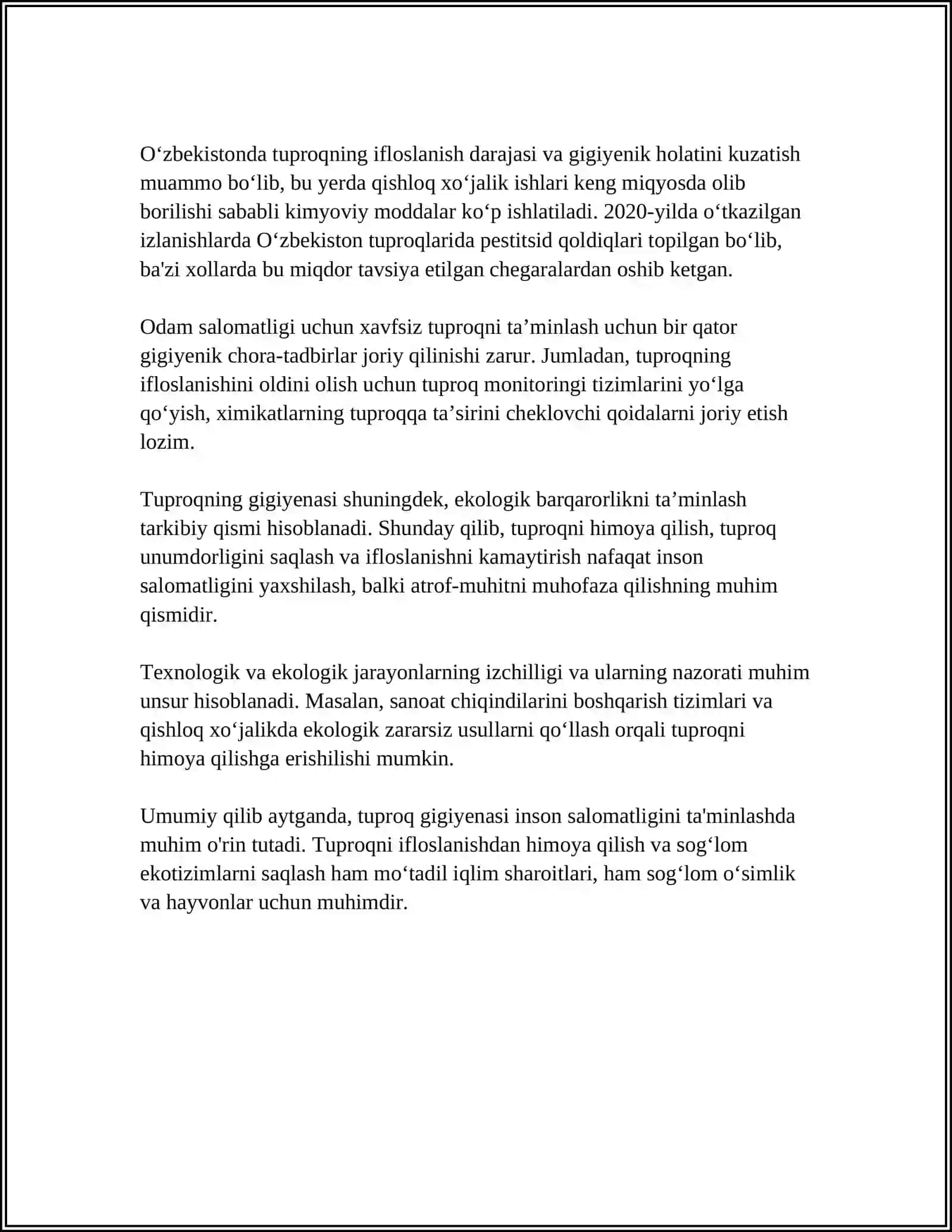 TUPROQ GIGIYENASI. AHOLI YASHASH JOYLARINI TOZALASHNING UMUMIY ASOSLARI. AHOLI YASHASH JOYLARINI OBODONLASHTIRISHNING GIGIENIK AHAMIYATI 4
